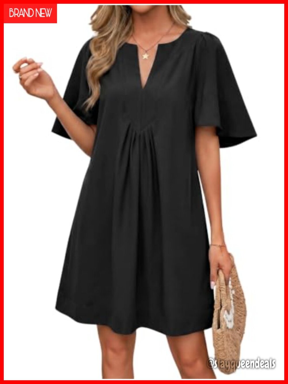 Womens Shift Mini Dress Casual Short Sleeve Flutter Sleeve Pleated Shoulders